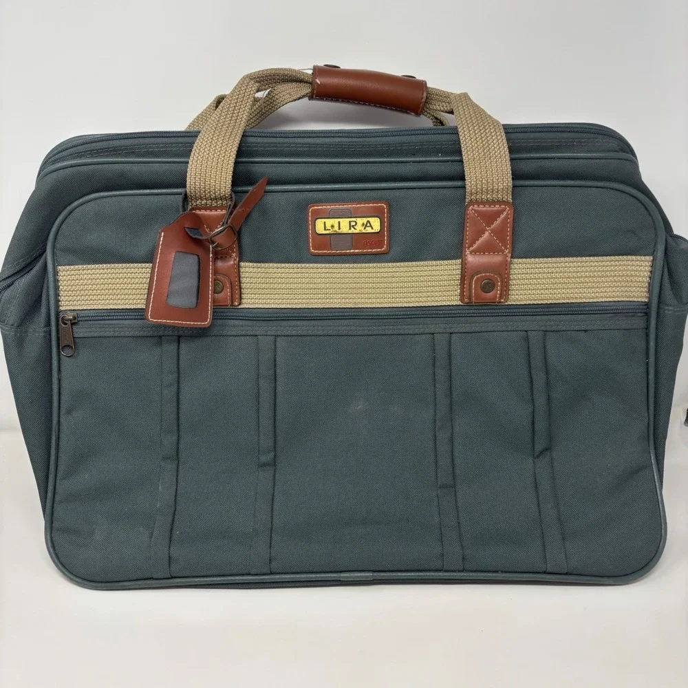 Lira by Ascot Vintage Canvas Briefcase Laptop Bag Green Brown Trim Carry On 20